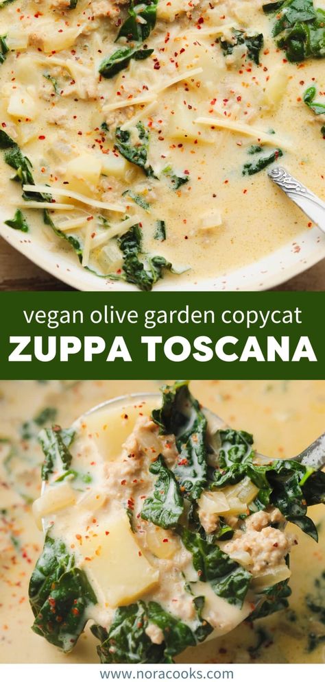 Vegan Zuppa Toscana Vegan Zuppa Toscana, Vegan Heavy Cream, Nora Cooks, Chicken Sausage Recipes, Vegan Potato Soup, Easy Vegan Soup, Toscana Recipe, Garlic Kale, Vegan Crockpot