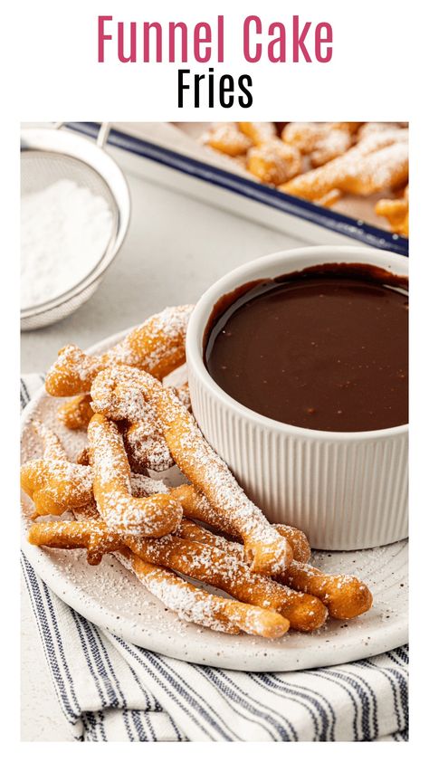 These funnel cake fries are a fun snack to serve in the summer time! Like traditional funnel cakes, but in fun fry form for easy dipping! Funnel Fries, Cake Dip Recipe, Funnel Cake Fries, Funnel Cake Recipe, Cake Dip, Funnel Cakes, Homemade Recipes Dessert, Baking 101, Baking Classes