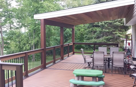 Roof Covered Structure Photos - Mercury Decks Partial Roof Over Deck, Roof For Deck Ideas, Covered Deck Off Master, Add Deck To Front Of House, Deck Partially Covered, Roof On Deck Ideas, Covered Wooden Deck, Second Floor Covered Deck, Deck Ideas With Covered Area