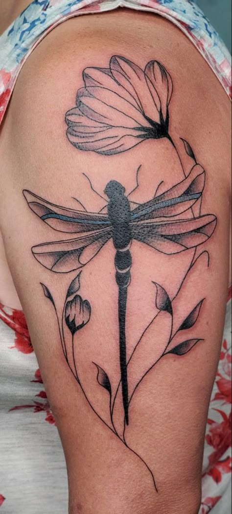 Dragonfly Tattoo Design With Flowers Sleeve, Dragon Fly Cover Up Tattoo, Dragon Fly Shoulder Tattoo, Dragon Fly With Flowers Tattoo, Dragonfly Sleeve Tattoo, Dragonfly Thigh Tattoo, Dragon Fly And Flower Tattoo, Dragonfly With Flowers Tattoo, Dragonfly Tattoo Designs For Women