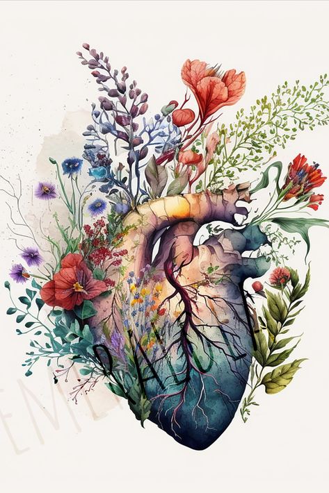 Heart overgrown with florals 3 - anatomy floral botanical watercolor illustration Medical Artwork, Anatomical Heart Art, Biology Art, Arte Peculiar, Heart Drawing, Medical Art, Botanical Watercolor, Beautiful Drawings, Anatomy Art