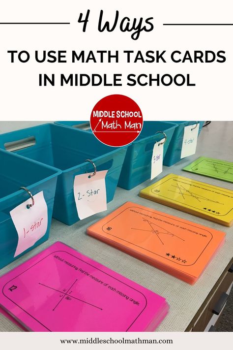 Try these 4 creative teaching ideas for middle school math task cards. These math problems make learing more fun and engaging than a traditional middle school math worksheet. Whether you teach 5th grade, 6th grade, 7th grade, or 8th grade math, these task card ideas are a perfect fit for the classroom. Middle School Math Intervention Classroom, Middle School Management Ideas, Teacher Math Ideas, Sixth Grade Math Classroom, Middle School Math Organization, First Day Math Activities Middle School, 8th Grade Math Projects Middle School, Middle School Math Classroom Decorating Ideas, 8th Grade Math Classroom Decorations