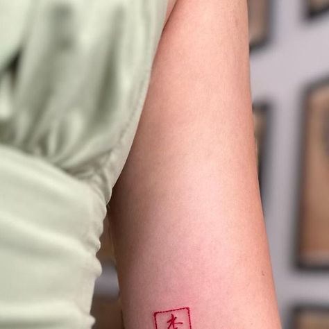 dr. christine liu on Instagram: "Name stamp! Made at @twocranestattoo 李 is a relatively common last name, pronounced Li in mandarin or Lei in Cantonese and it means plum! But also I love how Chinese characters are often combinations of other Chinese characters… this one is basically “wood” on top of “child” which logically would make some kind of fruit lol!" Chinese Name Stamp Tattoo, Chinese Stamp Tattoo, Chinese Name Tattoo, Chinese Character Tattoo, Last Name Tattoos, Chinese Character Tattoos, Inspired Tattoos, Kinds Of Fruits, Chinese Name