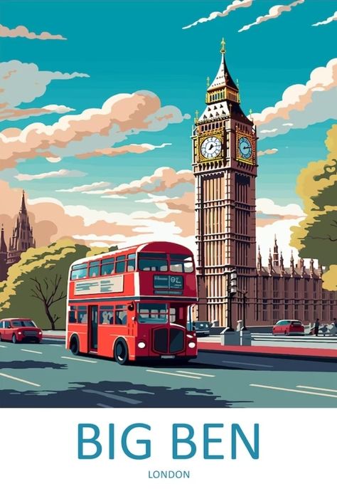 London City Illustration, Europe Postcard, London City View, London Postcard, Art Deco Travel Posters, Wanderlust Decor, London Travel Poster, Big Ben London, Retro Travel Poster