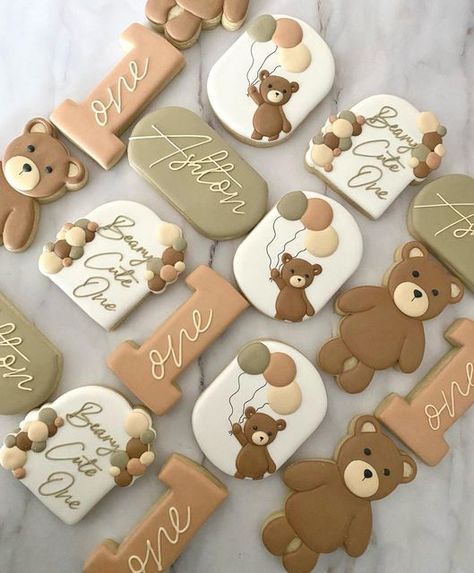 Teddy Bear Cookies First Birthday, Teddy Bear Birthday Party Decoration, Beary 1st Birthday Party, Teddy Bear Cake One Year, Beary 1st Birthday Cookies, Bear Cookies 1st Birthday, Teddy Bear Birthday Cookies, Beary First Birthday Dessert Table, Bear Themed Birthday Cake