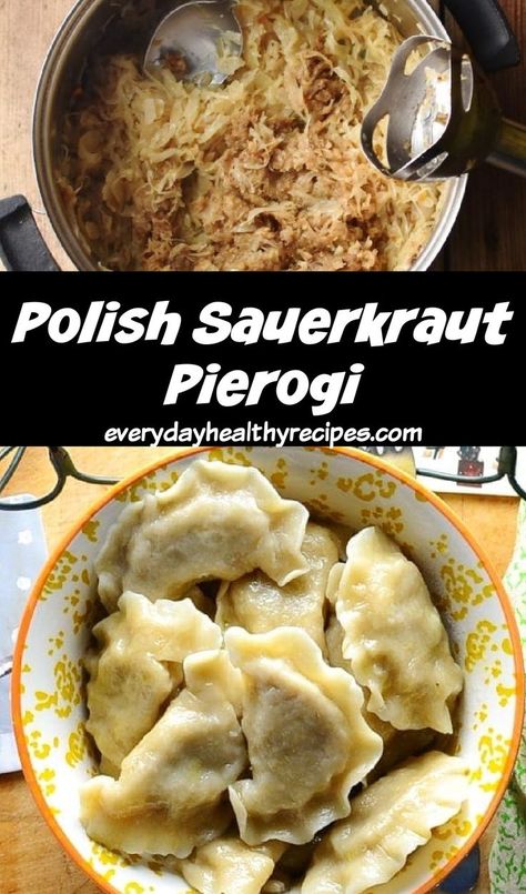 Sauerkraut mixture in pot and pierogi in yellow bowl. Kapusta Recipe Polish, Sauerkraut Pierogi Recipe, Easy Polish Recipes, Kapusta Recipe, Polish Food Traditional, Polish Sauerkraut, Pierogies Homemade, Pierogi Filling, Perogies Recipe