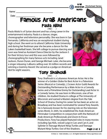 National Arab American Heritage Month for Kids | Woo! Jr. Kids Activities : Children's Publishing Arab American Heritage Month Activities, Arab American Heritage Month Bulletin Board, Arab American Heritage Month, Elementary School Counselor, Paula Abdul, School Related, Heritage Month, Teach Kids, Freshman Year