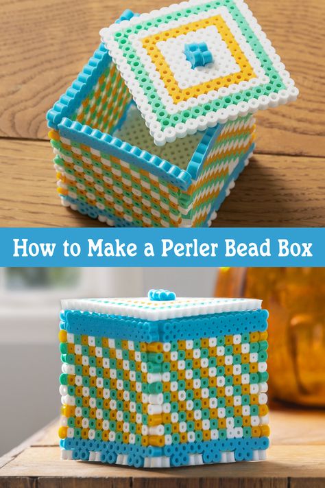 Perler Box Pattern, 3d Perler Bead Box Patterns, Perler Beads Box Pattern, Easy Perler Beads Ideas 3d, Perler Bead Box Pattern, Useful Perler Bead Projects, Perler Bead 3d Patterns, 3d Perler Bead Patterns Easy, Perler Bead Storage