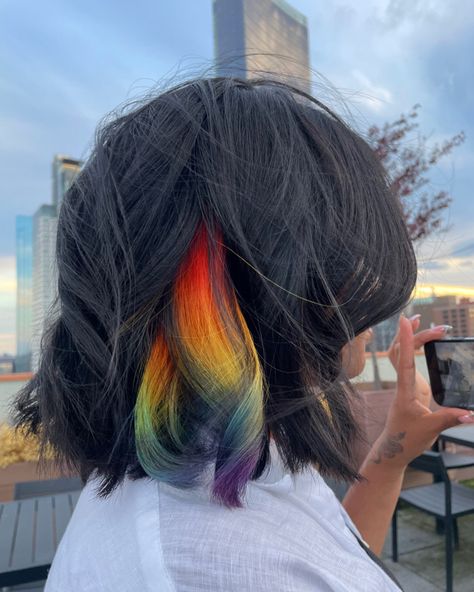 Peekaboo Fantasy Colors, Streak Of Color In Hair Brown, Black Hair With Rainbow Peekaboo, Dark Hair With Rainbow Peekaboo, Rainbow Underdye Hair, Hairstyles For Dyed Hair Underneath, Black Hair Rainbow Underneath, Colored Hair Peekaboo, Rainbow Peekaboo Hair Black