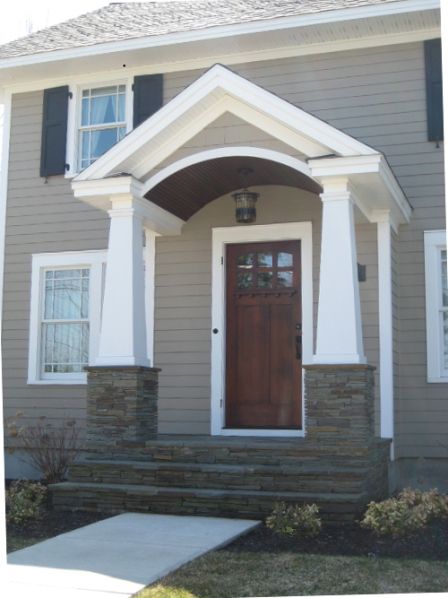 Exterior Front Door Ideas, Portico Entry, Front Porch Addition, Front Door Ideas, Stone Porches, Porch Addition, Front Porch Design, Exterior Front Doors, Aluminum Siding