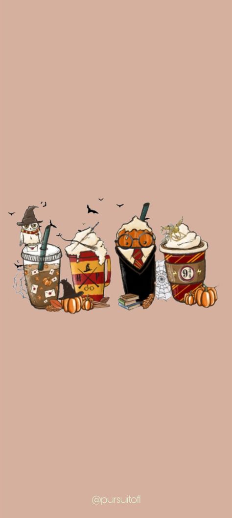 Harry Potter inspired phone wallpaper featuring illustrations of four different coffee cups decorated with fall and Hogwarts themes, including pumpkin designs, a witch hat, and glasses. The background is a muted peach color with small bats flying around. Harry Potter Thanksgiving Wallpaper, Fall Wallpaper Harry Potter, Taylor Swift Ghost Wallpaper, Fall Wallpaper Coffee, Harry Potter Fall Wallpaper, Harry Potter Phone Wallpaper, Harry Potter Fall Aesthetic, Simple Fall Wallpaper, Harry Potter Fall