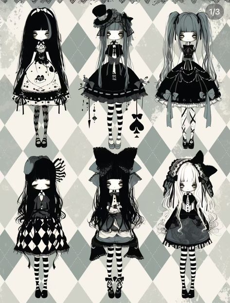 Ghost Characters Design, Chibi Traditional Art, Gothic Doll Outfit, Haunted Doll Drawing, Goth Outfits Drawing, Outfit Idea Drawing, Doll Oc Drawing, Goth Lolitas, Creepy Outfits