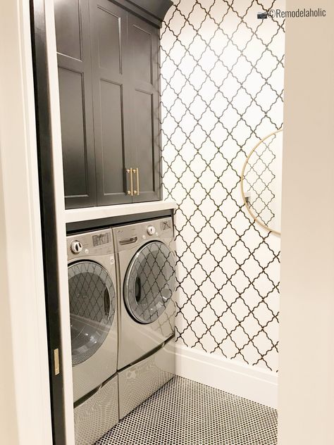 Create a unique laundry room with wallpaper! There are so many designs like this one and more! Small laundry room with wallpaper trellis design idea, UVPH 2018 Home 30 Shelby Homes, Gatehouse No. 1 Furniture & Design, Photo by Remodelaholic Small Laundry Room Wallpaper Ideas, Wallpaper For Laundry Room Small Spaces, Wallpaper Laundry Room Accent Walls, Bold Laundry Room, Laundry Room With Wallpaper, Wallpaper In Laundry Room, Wallpaper For Laundry Room, Laundry Room Accent Wall, Laundry Room Wallpaper Ideas