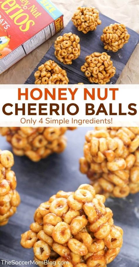 These honey nut cheerio balls are a delicious spin on the classic popcorn ball! Kids will love these for snacks or a lunchbox treat! They are only 4 Ingredients and are so simple to make! Try making your own honey nut cheerio balls with your kids today! #kids #snacks #recipes #breakfast Cheerios Recipes, Honey Snacks, Popcorn Ball, Peanut Butter Balls Recipe, Honey Nut Cheerios, Snack For Kids, Lunchbox Treats, Peanut Butter Granola, Honey Nut