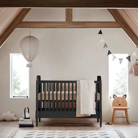 Jenny Lind Black Wood Spindle Convertible Baby Crib + Reviews | Crate & Kids Black And Cognac Nursery, Black Iron Crib Nursery, Nursery Ideas Black Crib, Jenny Lind Black Crib, Nursery With Black Crib, Black Crib Nursery Ideas, Black Nursery Furniture, Black Crib Nursery, Jenny Lind Toddler Bed