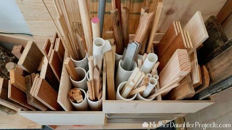 How to build storage for scrap wood of all sizes. #storage #small #2x4 #woodstorage #garage #organization #mobile #movable #drawers #bins #homeimprovement Storage For Wood Scraps, Organize Wood Scraps, Organizing Wood Scraps, How To Organize Scrap Wood In Garage, How To Store Scrap Wood, Wood Scrap Storage Ideas, Small Scrap Wood Storage, Scrap Lumber Storage, Wood Scraps Storage