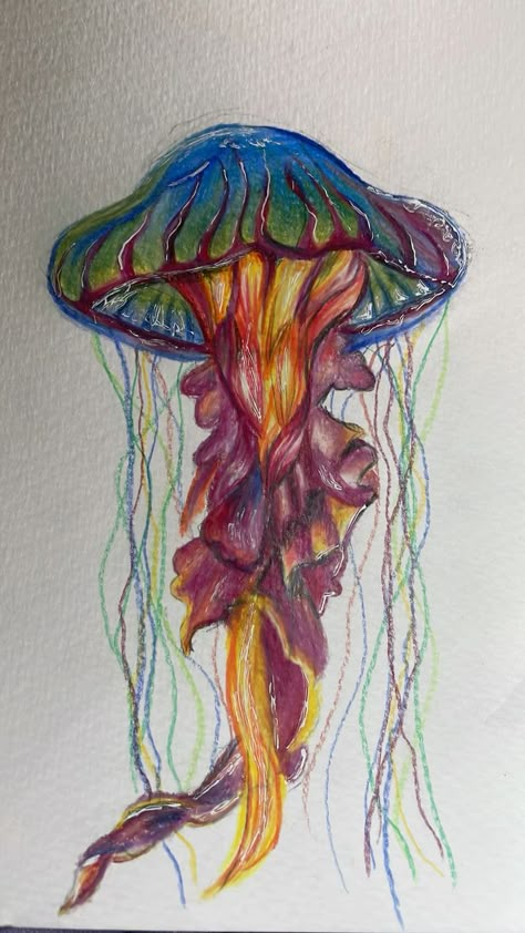 Colored Pencil Fish Drawing, Jellyfish Pencil Drawing, Jelly Fish Drawing Color, Shark Drawing Color, Jellyfish Drawing Colored Pencil, Coloured Drawing Ideas, Underwater Plants Drawing, Colored Pencil Drawings Easy, Jellyfish Colored Pencil