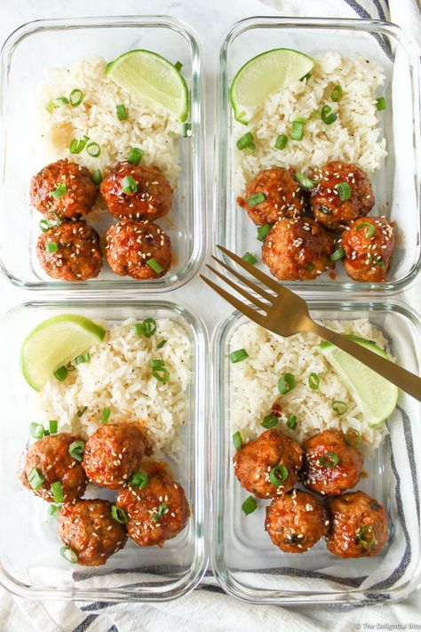 Honey Meatballs, Lunch Snacks For Kids, Sriracha Meatballs, Snacks For School, Snacks Ideas, Ideas Lunch, Healthy Lunch Meal Prep, Food Fast, Work Meals