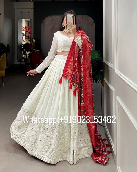 2995/- free shipping White Chikankari Lehenga Choli with Red Patola Printed Dupatta #EthnicWear #LehengaCholi #Chikankari #PatolaDupatta #IndianFashion #TraditionalAttire #BridalWear #DesiOutfit #EthnicElegance #Fashionista #CulturalFashion #IndianOutfit #FestiveFashion #WeddingWear #ElegantEthnic #StyleInspiration White Chikankari Lehenga, Chikankari Lehenga, White Lehenga, Red Shawl, Reception Look, Wedding Indian, Printed Dupatta, Red Lehenga, Blouse Hand Designs