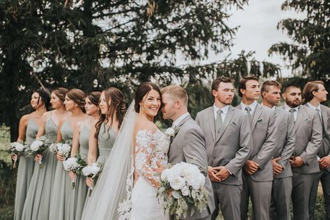 Grey Tux Wedding, Gray Wedding Party, Grey Wedding Theme, Groomsmen And Bridesmaids, Wedding Party Groomsmen, Grey Suit Wedding, Groomsmen Grey, Groomsmen Looks, Sage Bridesmaid Dresses