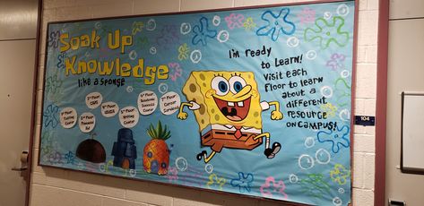 Soak up Knowledge Spongebob Campaign Poster, Spongebob Bulletin Board Ideas, Spongebob Ra Board, Spongebob Themed Classroom, Spongebob Door Decs, Spongebob Classroom Theme, Spongebob Classroom, Residence Life Bulletin Boards, Spongebob Theme