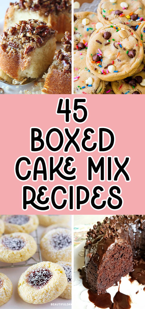 You'll love these easy dessert recieps using boxed cake mix. You find recipes for Yellow Cake Mix Thumbprint Cookies, 5-Ingredient Chocolate Cake, Cake Batter Chocolate Chip Cookies, Pecan Upside Down Bundt Cake and more. These recipes are perfect for a holiday potluck or gathering. Box Cake Mix Dessert Recipes, Boxed Dessert Ideas, Loaf Recipes Using Cake Mix Boxes, Cake And Soda Recipe, Carrot Cake Box Mix Recipe, Bread Using Cake Mix Easy Recipes, Box Cake Mix Cookies 3 Ingredients, Recipe With Cake Mix Boxes, Cookie From Cake Mix Recipes