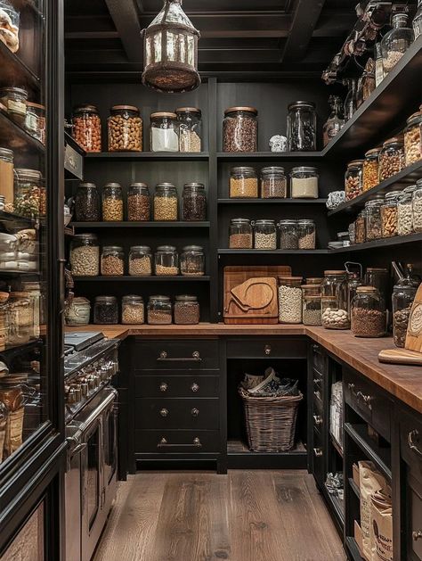 Rustic Kitchen Pantry Wall Design Ideas Butler Pantry Organization Ideas, Victorian Butlers Pantry, Barndominium Pantry Ideas, Outlander Inspired Kitchen, Pantry Wall Design, Moody Pantry Ideas, Moody Butlers Pantry, Western Pantry, Kitchen Paneling Ideas