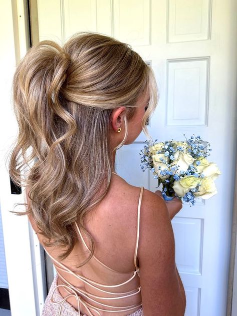 Low Ponytail Homecoming Hair, Half Up Half Down Hair Braided Bun, Hoco Updos Ponytail, Pony Wedding Guest Hair, Cute Half Up Half Down Hoco Hair, Volumised Half Up Half Down, Bridesmaid Hair Simple Down, Hairstyles For Wedding Half Up, Half Up Half Down Hair With Plait