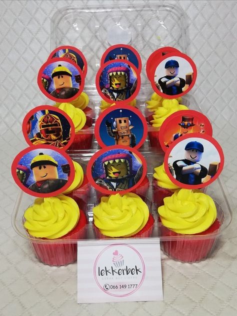 Roblox Cupcake Ideas, Roblox Decoration Ideas, Roblox Cupcakes, Birthday Party Snack Ideas, Roblox Cupcake, Party Snack Ideas, Roblox 5, Bolo Hot Wheels, Roblox Birthday Party