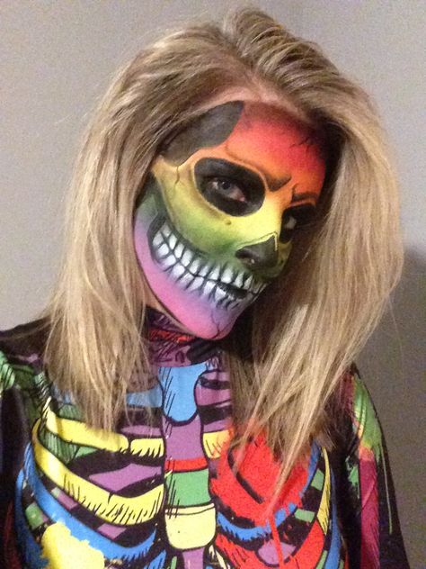 Rainbow Skeleton Costume, Rainbow Skeleton Makeup, Skeleton Face Paint Easy, Rainbow Skull Makeup, Skull Makeup Halloween, Rainbow Skeleton, Skeleton Face Paint, Pride 2024, Rainbow Skull