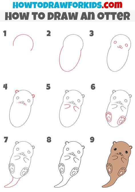 Otter Step By Step Drawing, Kawai Drawing Easy, Otter Drawing Tutorial, Cute Otter Drawing Easy, Otter Doodle Easy, How To Draw Woodland Animals Step By Step, Simple Animal Drawings Step By Step, Simple Otter Drawing, How To Draw An Otter Step By Step