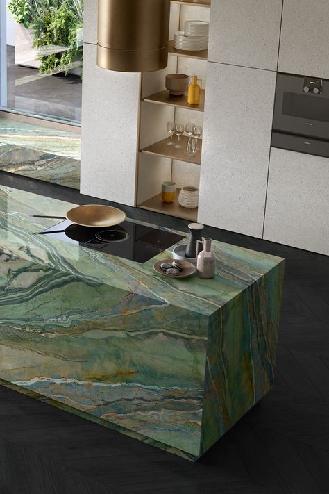 Stone Kitchen Island, Royal Peacock, Marble Kitchen Island, Marble Island, Stone Kitchen, Kitchen Marble, Green Interiors, Green Marble, Green Kitchen