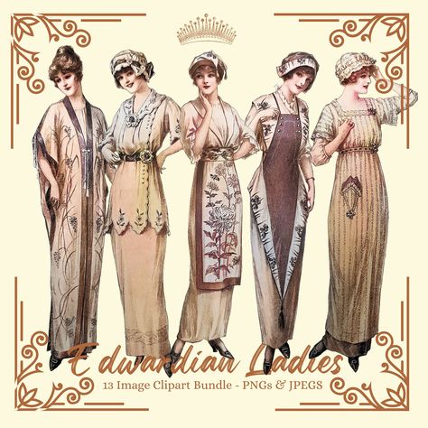 1910s Fashion Edwardian Women's Fashion Dresses Hats Clipart Bundle.  13 quality vintage 1910s women's dresses and hats bags clipart images photographed, restored and colorised. Use these images for junk journals, decoupage, collages, altered art, scrapbooking, card making, and any other creative thing you can think of.  I have really enjoyed putting them together for you. I have collected these images in my collection over two decades in vintage magazines, advertisements, books, postcards, etc. I have a whole house full and thought I would start to share them with others. I have spent a long time going through identifying what I think are the best ones. Using Photoshop I removed the backgrounds of each image and then retouched them to remove any distracting spots from the old paper and st Srpski Jezik, 1912 Fashion, Lady Images, Edwardian Fashion Dresses, Edwardian Lady, Fashion 1910, 1920s Women, 1910s Fashion, 1920 Fashion