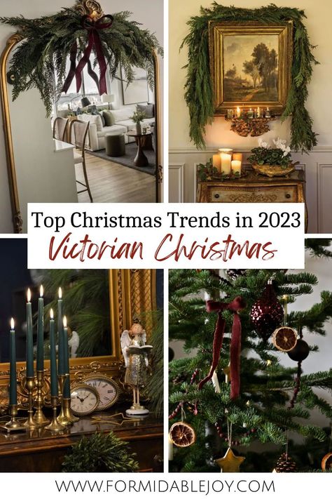 If you're looking for inspiration for Christmas decorations, look no further. Read this blog post to discover how to achieve one of the top Christmas trends in 2023: Victorian Christmas. Victorian Christmas Outdoor Decorations, Victorian Christmas Centerpieces, Victorian Christmas Dining Room, Traditional Xmas Decor, Victorian Style Christmas Decorations, 19th Century Christmas, Victorian Inspired Christmas, Ethereal Christmas Aesthetic, Victorian Christmas Tablescape