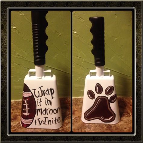 My new cowbell I got painted Cowbell Decorations Football, Football Cowbells, Cowbell Decorations, Cow Bell Decor, Mississippi State Cowbell, Msu Bulldogs, Bell Decor, Spirit Gear, Cheer Spirit