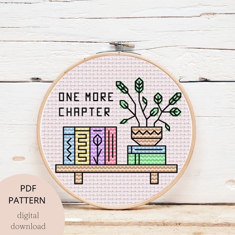 "Book cross stitch, bookish bookshelves cute modern digital pdf cross stitch pattern This listing is for a DIGITAL FILE only. No physical product will be shipped.  This pattern is for a 3\" hoop and 14 count Aida fabric ✧ You will receive - PDF file ready to print with the pattern (shown in the above pictures) - A step by step guide with instruction on how to use the pattern and create a beautiful project ✧ Please note - The guide is beginner friendly and it includes suggestions on tools you wou Bookish Cross Stitch Patterns, Books Cross Stitch Pattern, Book Themed Cross Stitch, Cross Stitch Bookshelf Pattern, Reading Cross Stitch Pattern, Book Cross Stitch Pattern, Literary Cross Stitch Patterns, Book Cross Stitch, Funny Cross Stitch Patterns