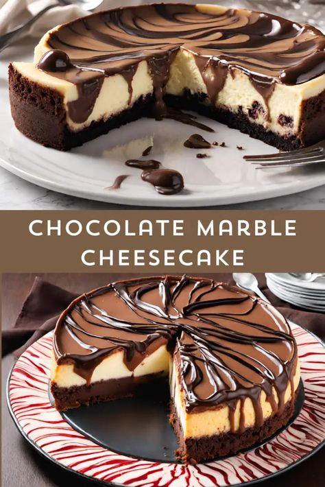 "Indulge in heavenly bliss with our Chocolate Marble Cheesecake! ???????? This decadent treat combines the rich flavors of velvety chocolate and creamy cheesecake, creating a mesmerizing swirl of delight. Perfect for satisfying your sweet cravings! ✨ #ChocolateMarbleCheesecake #DessertLovers #SweetIndulgence" Cheesecake Chocolate Swirl, Elevated Dessert Recipes, Marbled Cheesecake Recipes, Christmas Cheesecakes Ideas, Marble Cheesecake Recipes, Chocolate Cheesecake Recipe Easy, Christmas Cheesecakes, Baked Chocolate Cheesecake, Thanksgiving Desert