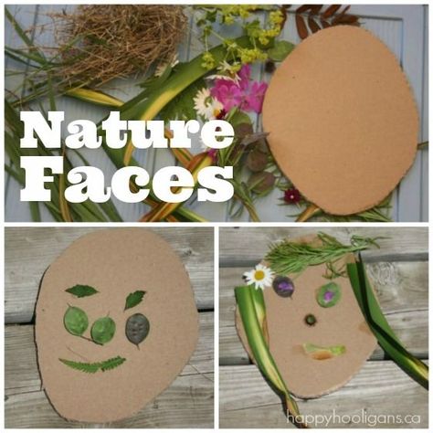 Nature Faces: Creating art with flowers and leaves!  Take the kids on a nature hunt, and create art with your findings! - Happy Hooligans Nature Faces, Art With Flowers, Nature Hunt, Self Portrait Art, Forest School Activities, Toddler Art Projects, Theme Nature, Deco Nature, Nature Play