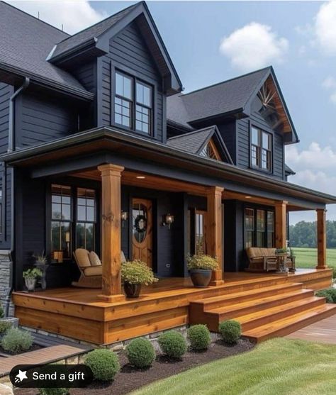 Dark House With Dark Trim, Dark Siding With White Trim, Blue House Colored Door, Roofing Ideas House Exterior, Front Porch On Brick House, Navy Blue House Exterior Black Trim, Houses With Dark Trim Exterior, Black House Wood Accents, Black And Cedar House Exterior