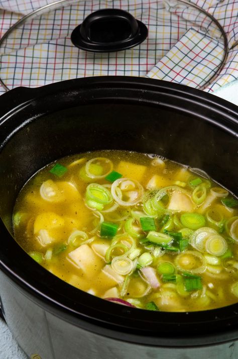 Slow Cooker Leek and Potato Soup - Liana's Kitchen Potatoe Leek Soup Recipe, Leek And Potato Recipes, Slow Cook Soup, Leeks Soup Recipes, Leek And Potato Soup, Leek And Potato, Vegetarian Slow Cooker Recipes, Slow Cooker Potato Soup, Leek Recipes