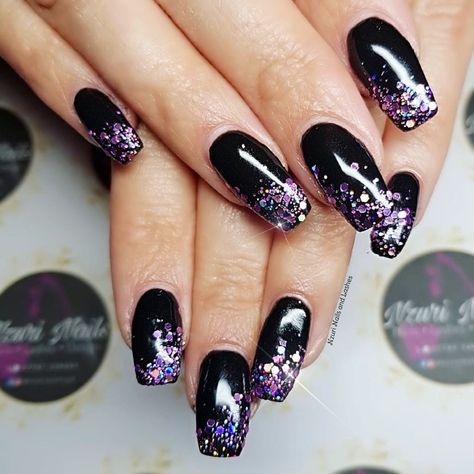 Black And Holo Nails, Black Nails With Purple Glitter, Black And Purple Glitter Nails, Black Sparkle Nail Designs, Sparkly Nails Acrylic, Black Sparkle Nails, Purple And Silver Nails, Sparkle Nail Designs, Black Ombre Nails