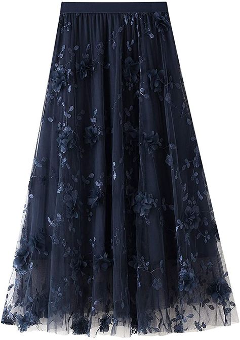 Amazon.com: Women's Tulle Skirt Pleated Tutu Skirts Elastic High Waist Elegant Lace Floral Printed Mesh Lady A Line Midi Skirt (Navy Blue-Embroidery, One Size) : Clothing, Shoes & Jewelry Womens Tulle Skirt, Mesh Embroidery, Gauze Skirts, High Waist Long Skirt, Langer Rock, Embroidered Skirt, Floral Midi Skirt, Fairy Dress, Mid Length Skirts