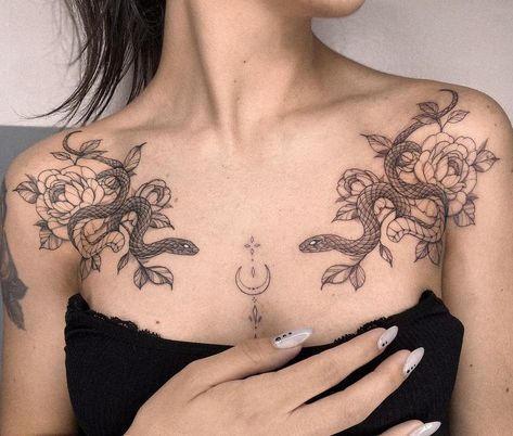 Floral Chest Piece Tattoo, Dragon Collar Bone Tattoos For Women, Chest And Shoulder Tattoo Women, Dragon Tattoo For Women Collar Bone, Tarot Chest Tattoo, Witchy Collarbone Tattoo, Arm To Chest Tattoo, Chest Tattoo Female Stencil, Snake Tattoo Chest Women