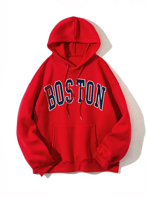 Letter Graphic Drawstring Thermal Lined Hoodie Boston Print, California Hoodie, Navy Blue Hoodie, Lined Hoodie, Active Hoodie, Cool Hoodies, Red Hoodie, Drawstring Hoodie, Womens Fashion Casual