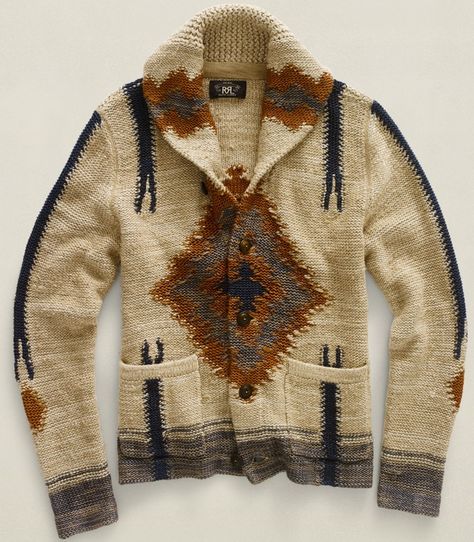 Raw Silk and Wool Indian Inspired Cardigan, By RRL, Ralph Lauren. Men's Fall Winter Fashion. A Well Traveled Woman, Soft Knit Cardigan, Shawl Collar Cardigan, Shawl Cardigan, Mode Boho, Western Wear, Look Fashion, Cardigan Sweater, A Man