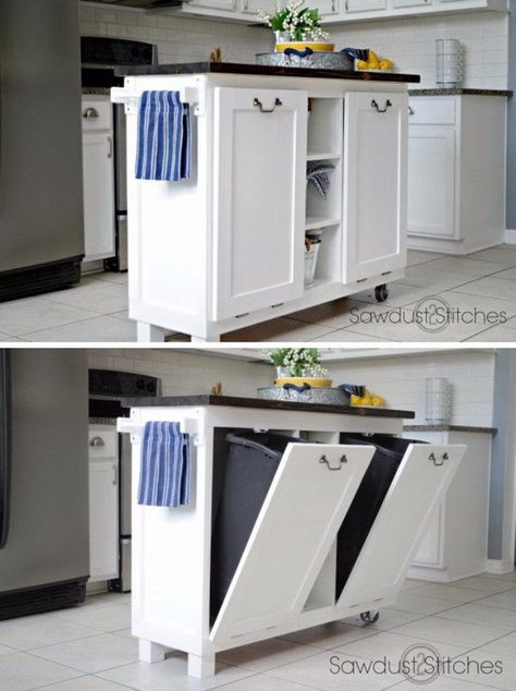 Diy Cabinet Kitchen, Cabinet Kitchen Island, Small Kitchen Island Ideas, Trash Can Cabinet, Diy Cabinet Doors, Diy Cabinet, Kitchen Design Diy, Small Kitchen Island, Hidden Kitchen