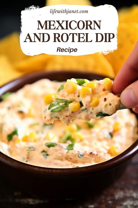 Discover the ultimate quick and easy snack with this Mexicorn Dip! Creamy, cheesy, and packed with bold flavors, it's perfect for any occasion. Ready in just 10 minutes! 🌽🧀 #MexicornDip #QuickSnacks #CheesyGoodness #PartyFoods #10MinuteRecipe Mexicorn And Cheese Fiesta Dip, Mexicorn Dip Recipe With Rotel, Mexicorn Rotel Dip, Easy Mexican Dips And Appetizers, Mexi Corn Dip With Rotel, Quick Appetizers Last Minute Easy, Mexi Dip Recipe, Mexicorn Recipe, Mexican Side Dishes Easy