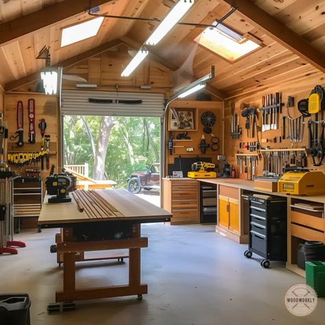 5 BEST Ways to Turn Your Garage into a Woodworking Space! Home Workshop Garage, Woodworking Space, Workshop Lighting, Officine In Garage, Woodworking Workshop Layout, Mini Workshop, Garage Workbench Plans, Garage Workbench, Wood Workshop