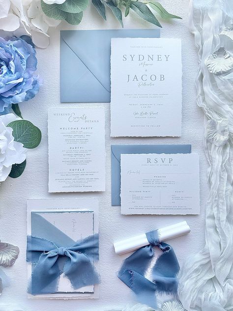 Shades Of Blue Wedding Invitations, Simple Wedding Invites Diy, Simple Blue Wedding Invitations, Blue Wedding Invitation Suite, Sky Blue Wedding Invitations, Wedding Invitation Assembly, Dusty Blue Wedding Invites, Wedding Invites Blue, Dusty Blue Invitations Wedding