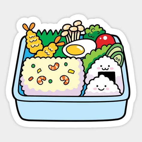 Colorful bento box with veggies, rice, sushi and tempura. -- Choose from our vast selection of stickers to match with your favorite design to make the perfect customized sticker/decal. Perfect to put on water bottles, laptops, hard hats, and car windows. Everything from favorite TV show stickers to funny stickers. For men, women, boys, and girls. Kawaii, Anime Food Stickers, Bento Box Drawing, Bento Drawing, Food Stickers Printable, Food Sticker Design, Cute Japanese Stickers, Cute Food Stickers, Rice Sushi